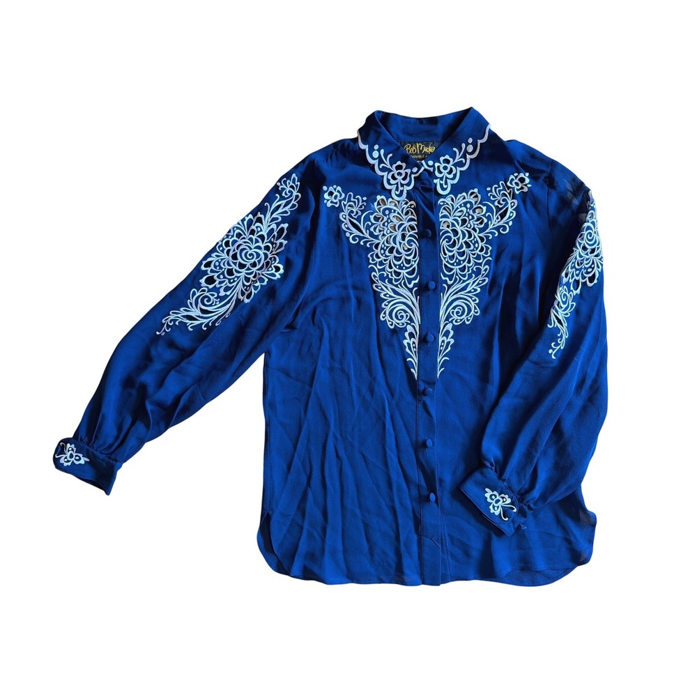 Bob Mackie Silk Blouse Blue Embroidered Cutout Eyelet Button Up Art Western Chic
